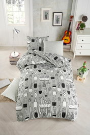 L'essentiel linge de maison Cactus Fitted - Juego de funda nórdica, sábana y funda de almohada Gris, Negro y Blanco